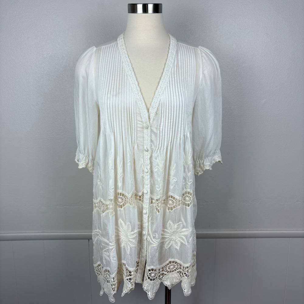 FLAWED Hazel Button Up Tunic Cream Size S Embroidered Pintuck Crochet Boho Flowy